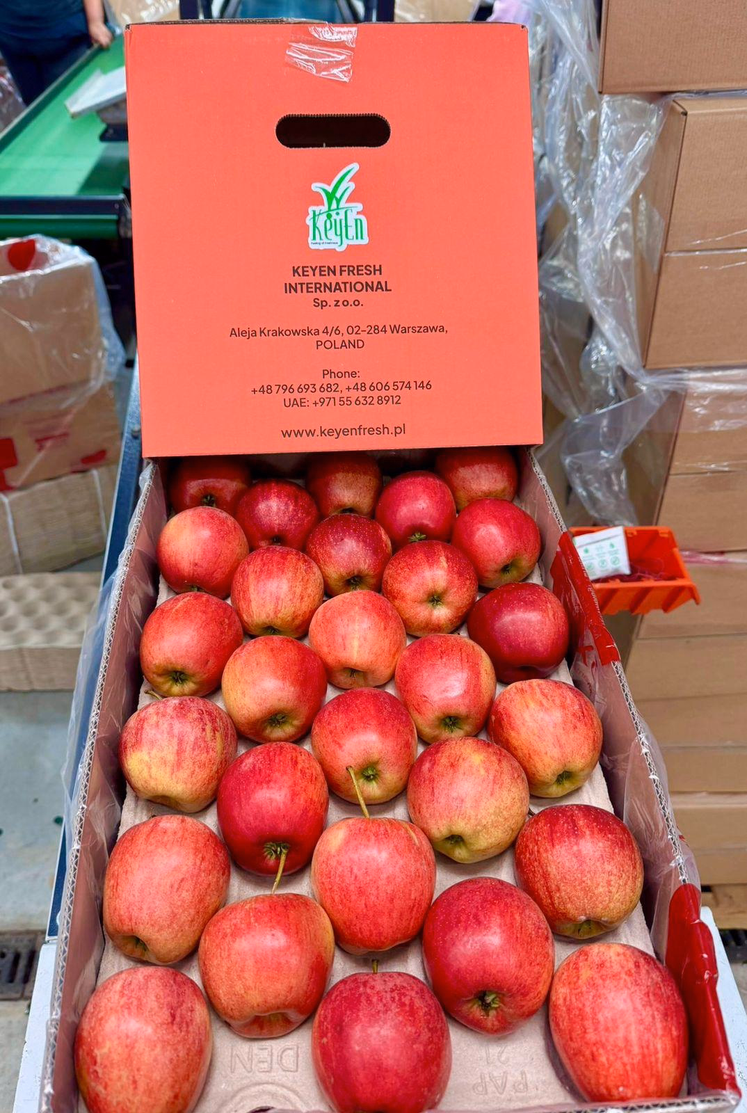 Red apples boxed under an import label